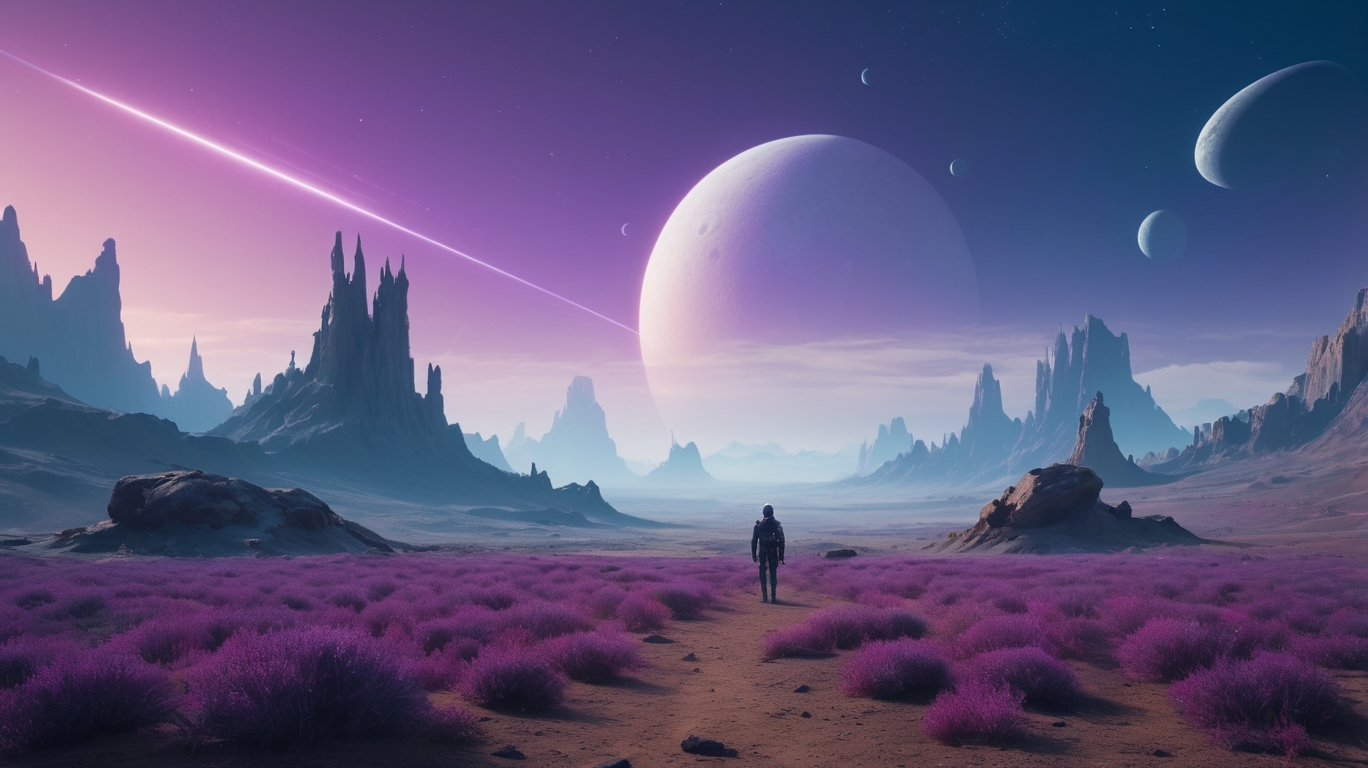 Barren alien world rich in blue, purple and silver tones, brought to life by AI