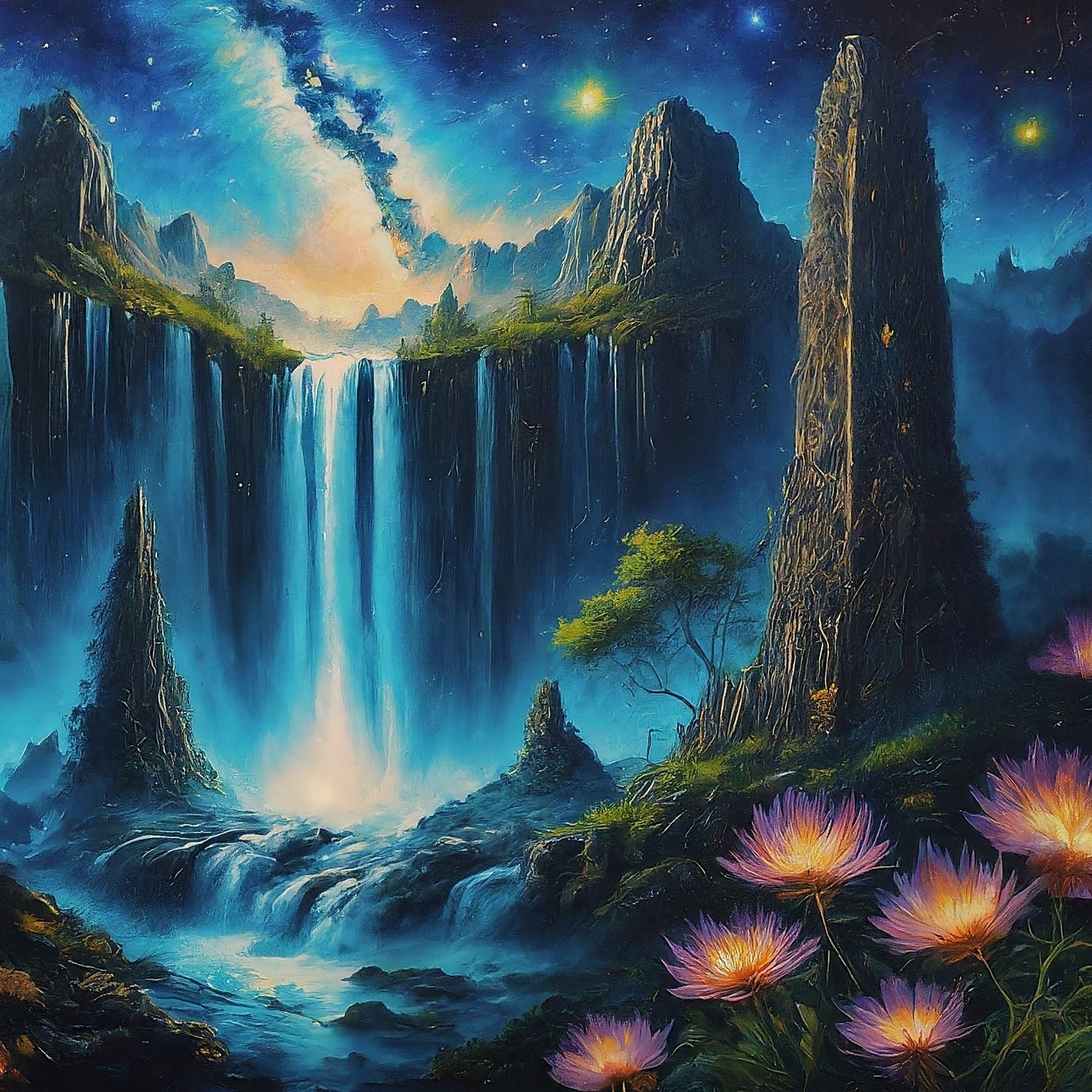 Otherworldly landscape, a waterfall and some alien flowers designed with Gemini AI