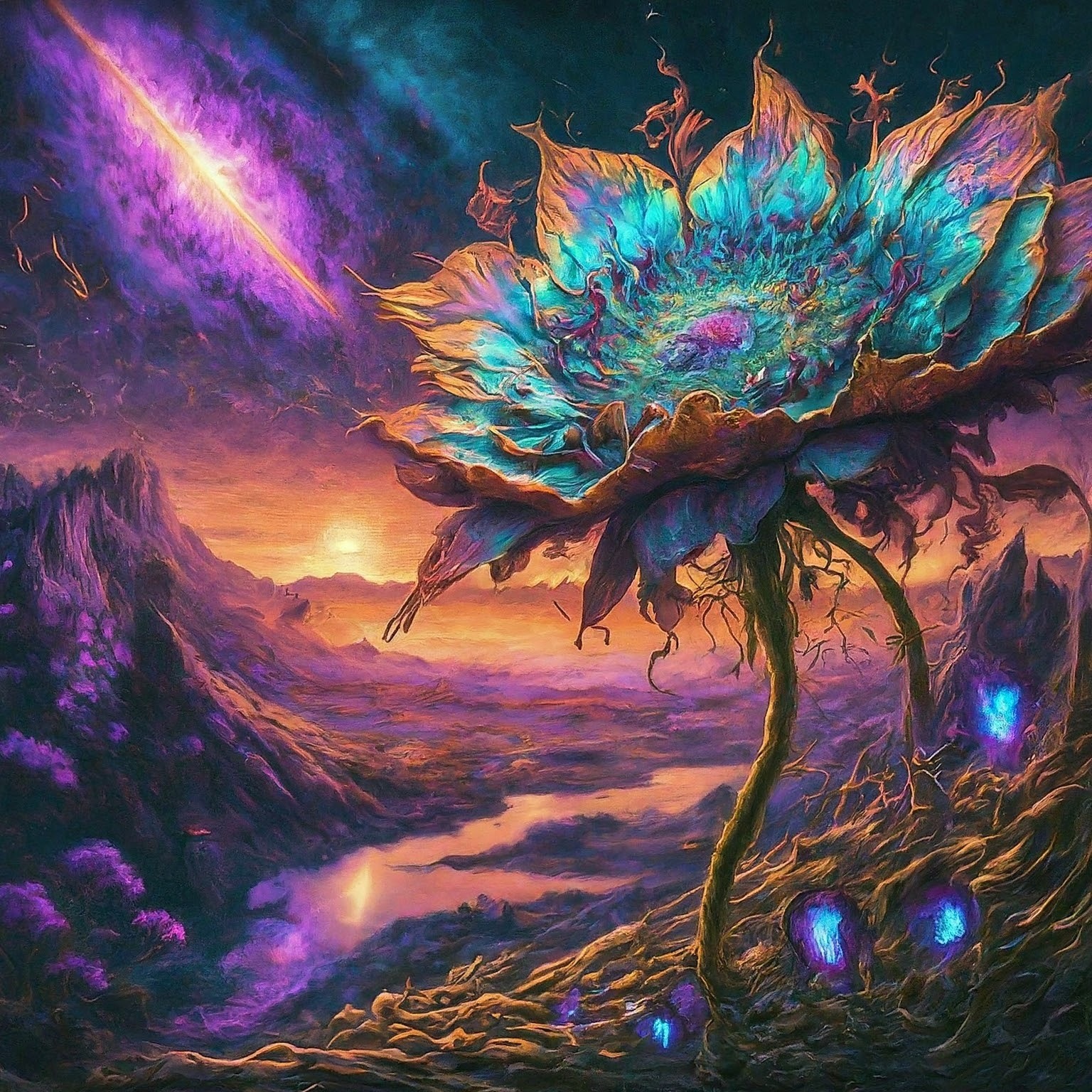 An otherworldly flower in an alien landscape generated by Gemini AI