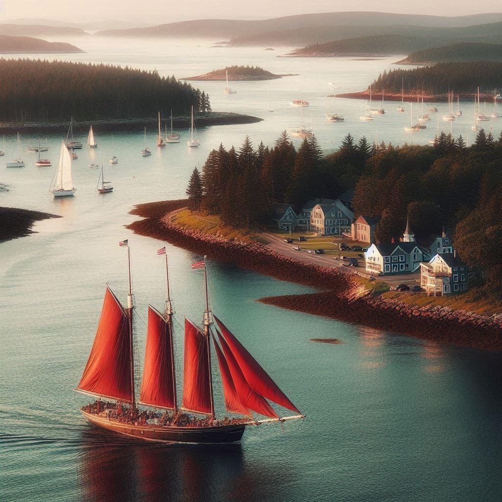 Iconic sailboat with red sails in Bar Harbor Maine as AI Art