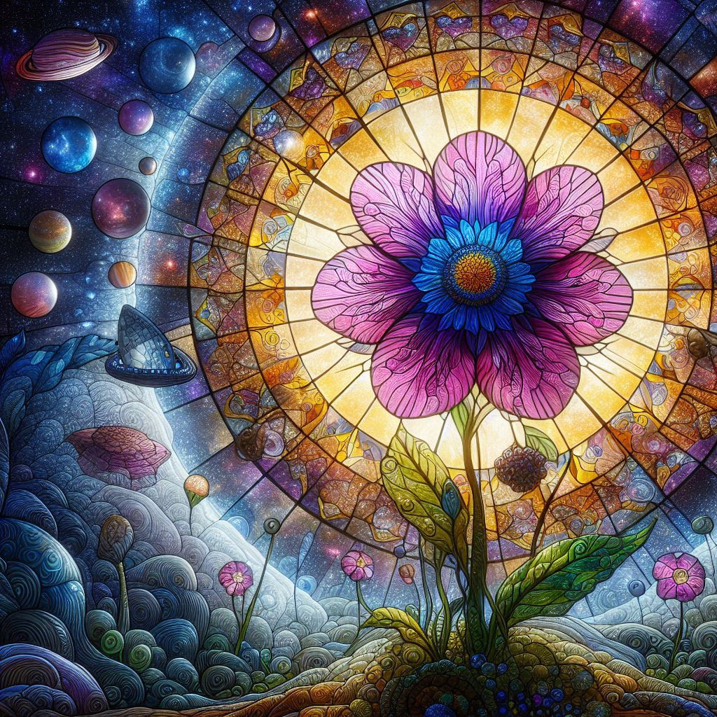 stained glass window – surreal wildflower beneath an alien starscape inspired by a mandala