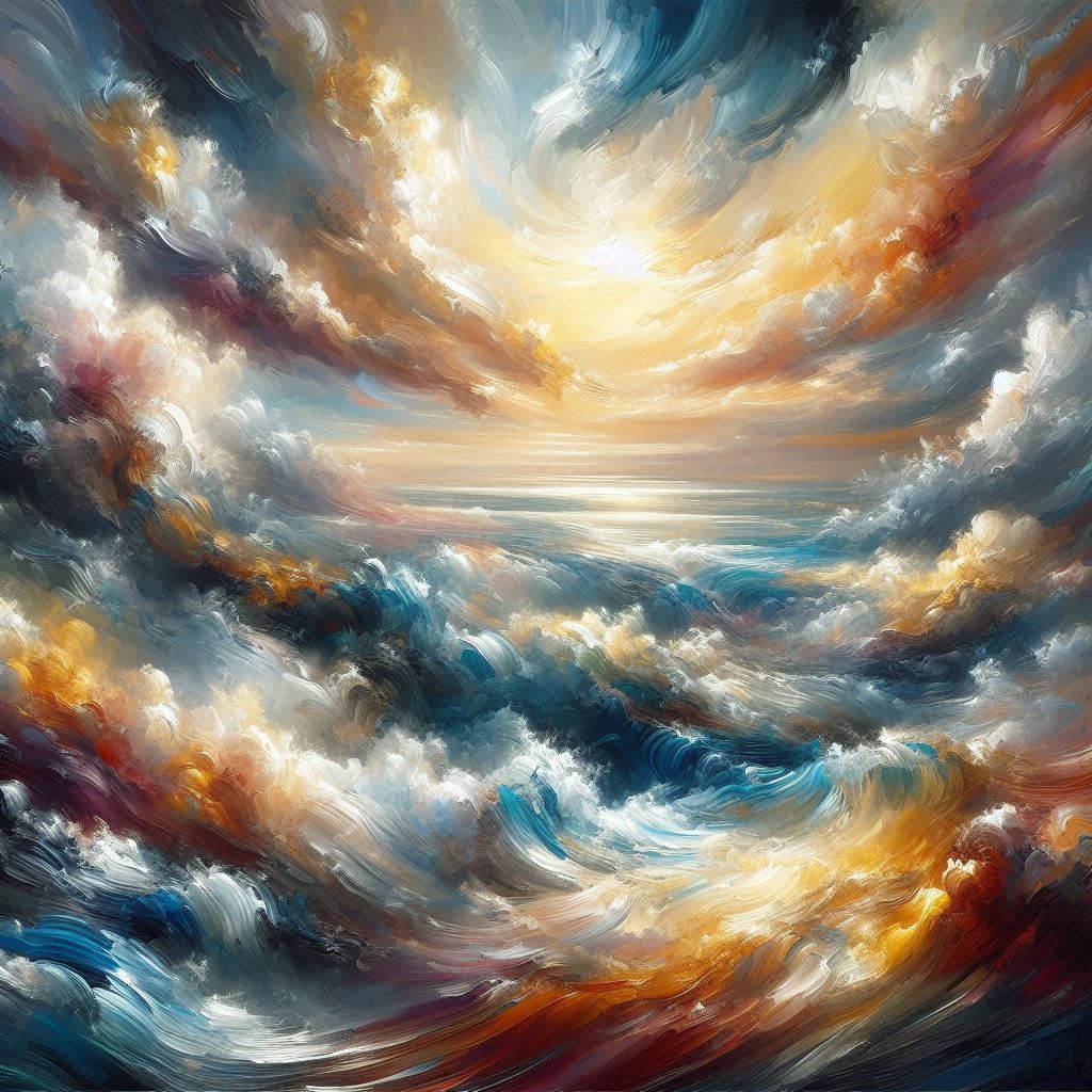 AI Oil Painting of a dynamic skyscape with Blues and Golden tones
