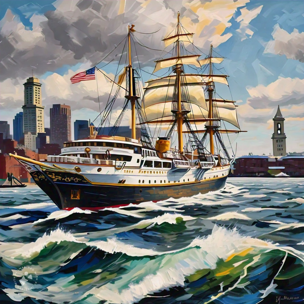 AI oil painting of a ship sailing out of Boston