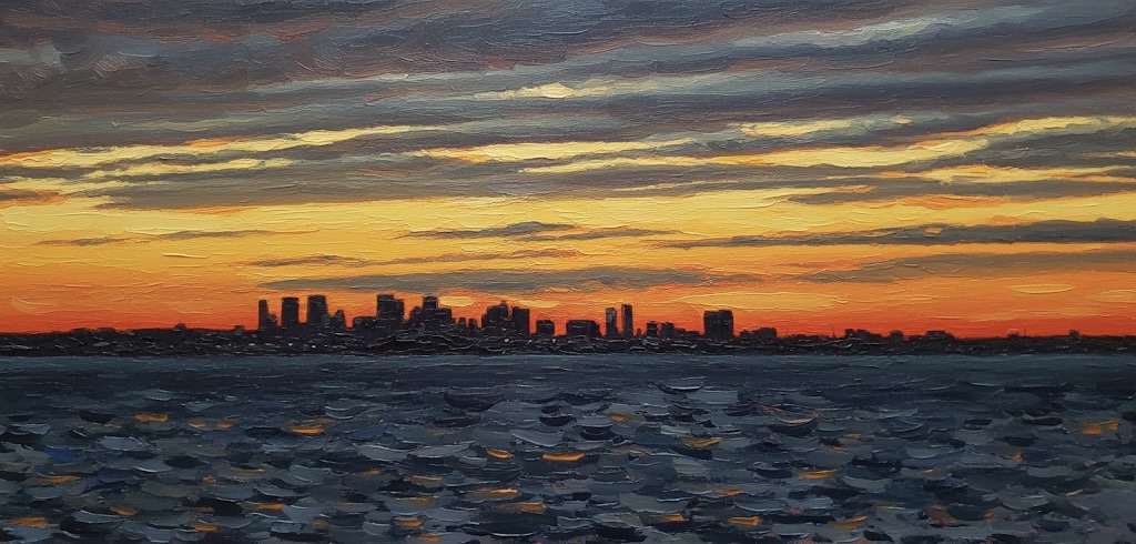 Gemini AI dynamic painting of Boston from a photo taken at sunset