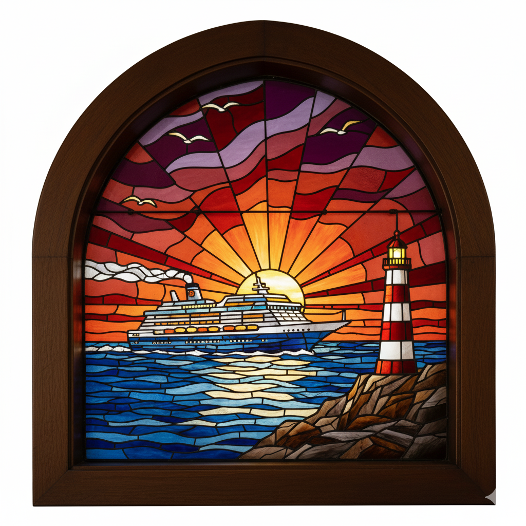 AI Stained Glass Cruise Ship sailing by a Lighthouse stained glass